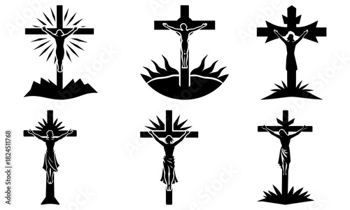 Illustrations of jesus christ on the cross with decorative elements in black and white vector format