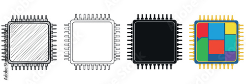 Four computer microchip processor icons set in different artistic styles including hand-drawn sketch, line art, solid silhouette, and a colorful flat design graphic