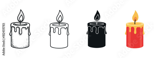 Set of four burning candle icons presented in various styles like doodle, outline, silhouette, and a colorful flat vector illustration, showing melting wax and a bright flame