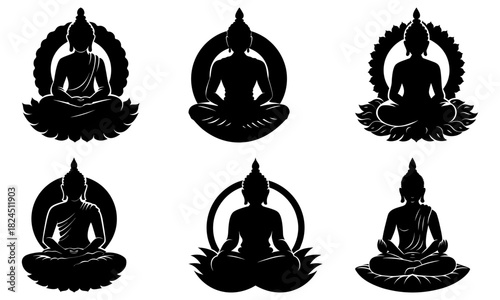 Collection of six black buddha silhouettes in various poses and lotus flower backgrounds in vector format