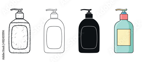 Set of four dispenser bottle illustrations showing different artistic styles including a hand-drawn sketch, simple line art, a solid black silhouette, and a full color cartoon graphic