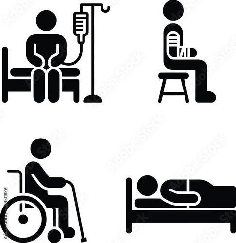 Medical patient care and recovery, disability glyph icon set