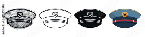 Set of four professional uniform caps with visors and bird emblems shown in sketch, outline, silhouette, and flat color vector illustration styles