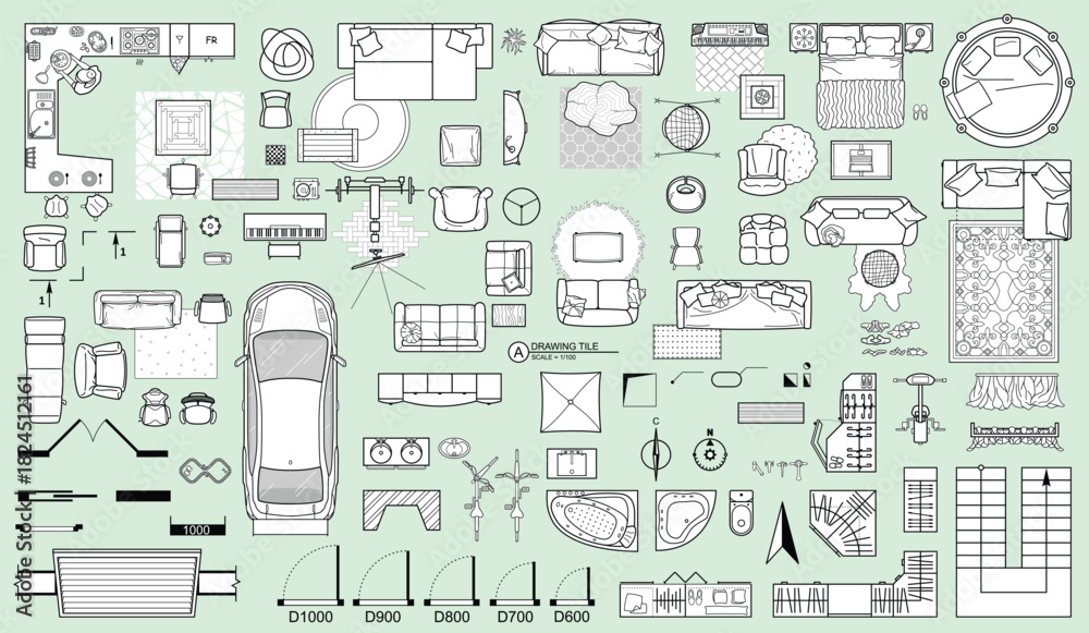 Obraz premium Set of furniture top view for apartments plan. The layout of the apartment design, technical drawing. Interior icon for bathrooms, living room, kitchen, bedroom, hallway . Vector floor plan