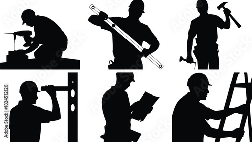 Silhouettes of construction workers and handymen performing various tasks, including drilling, hammering, leveling, and climbing a ladder