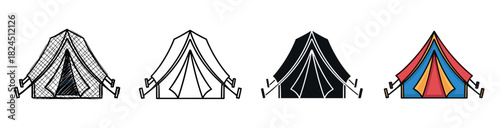 Set of four camping tent illustrations showcasing different artistic styles including a hand-drawn sketch, a clean outline, a solid black silhouette, and a colorful cartoon version