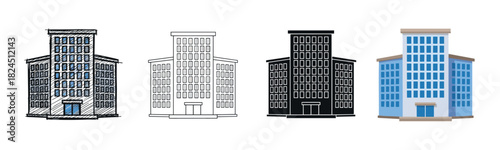 Set of four office building illustrations in various styles including sketch, outline, silhouette, and flat design for corporate or real estate concepts