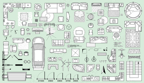 Set of furniture top view for apartments plan. The layout of the apartment design, technical drawing. Interior icon for bathrooms, living room, kitchen, bedroom, hallway . Vector floor plan