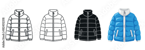Four puffer jacket vector illustrations presented in a collection of different styles: hand-drawn sketch, clean line art, solid black icon, and a modern blue cartoon
