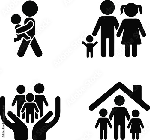 Family care icons illustrating parenting, home, and safety concepts