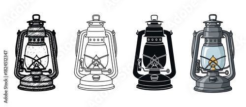 Set of four vintage oil lanterns illustrated in different artistic styles including sketch, line art, silhouette, and full color cartoon with a burning flame inside the glass