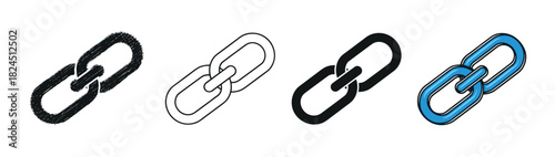 Set of four chain link icons representing connection and hyperlinks, shown in various artistic styles including textured grunge, simple outline, solid silhouette, and blue cartoon