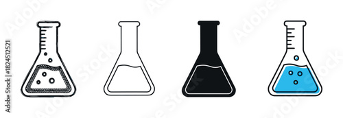 Collection of four erlenmeyer flask illustrations for chemistry, presented as a set of icons with doodle, outline, silhouette, and flat color design styles