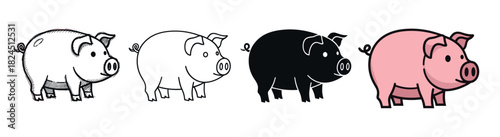 Set of four pig illustrations showing different graphic styles including a hand-drawn sketch, simple line art, a black silhouette, and a cute pink cartoon character