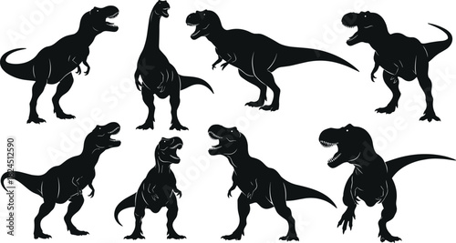 Black Silhouette Vector Set of Dinosaurs, Featuring T-Rex Tyrannosaurus Rex and Long-Necked Brachiosaurus, Roaring and Standing in Prehistoric Extinct Animal Poses.