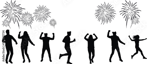 Silhouette of happy people dancing and celebrating under bright fireworks, festive night party scene, joyful crowd enjoying holiday celebration.Silhouette 