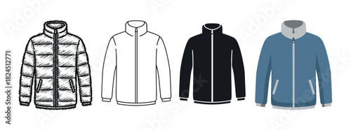 Collection of four puffer jacket icons presented in different design styles, from a detailed hand-drawn sketch and outline to a solid black silhouette and a modern flat blue version