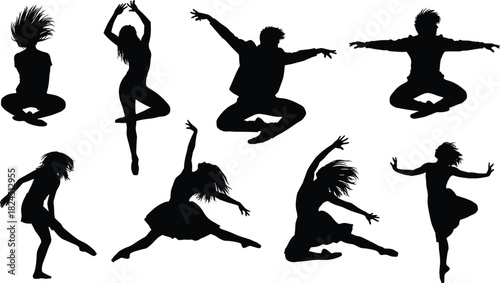 Black Silhouette Vector Set of Dynamic Dancers Jumping and Posing, Illustrating Contemporary Dance, Artistic Expression, Energetic Movement, and Creative Performance Art.