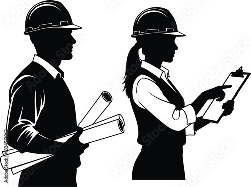 Silhouettes of male and female architects or engineers wearing hard hats, holding blueprints and a clipboard for construction planning.