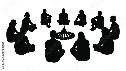 People silhouettes around a campfire isolated on white background, Vector