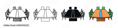 Set of conference table and chair illustrations in four different styles including sketch, line art, silhouette, and full color, depicting a modern office boardroom for business meetings