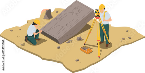 Isometric archaeology excavation scene, archaeologists studying ancient artifact slab, surveying equipment, dig site tools, historical discovery, research illustration
