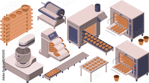 Isometric bakery production equipment scene, industrial baking machines, dough mixer, conveyor ovens, bread making process, commercial bakery tools illustration