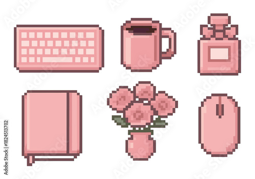 Pink pixel art collection of feminine desk accessories featuring a computer keyboard, mouse, coffee cup, journal, perfume bottle, and a bouquet of roses in a cute retro 8-bit style