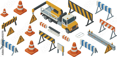 Isometric construction barriers, traffic cones, warning signs, road safety equipment, industrial barricades, work zone elements, vector illustration set