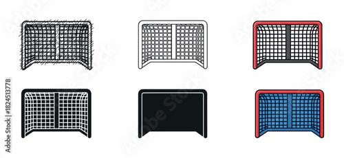 Set of six hockey goal illustrations in various styles including line art, silhouette, and colored versions, representing sports equipment for games like ice or field hockey