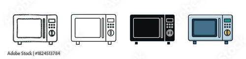 Microwave oven icon set with four different styles including hand drawn sketch, line art, solid black silhouette, and colorful cartoon vector illustration for graphic design