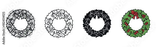 Four christmas wreath illustrations in different styles showing a festive holiday decoration with holly, berries, and a bow, from sketch to a full color cartoon
