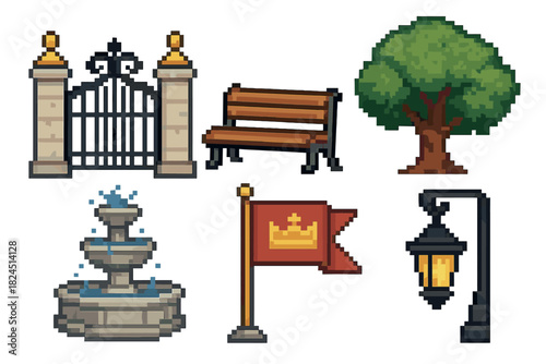 Pixel art set of park and castle elements featuring an ornate gate, wooden bench, green tree, water fountain, royal flag, and a vintage lamppost in a retro 8-bit style