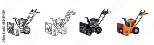 Set of four snow blower illustrations in various artistic styles, including detailed line art, a simple outline, a solid black silhouette, and a modern flat color vector design