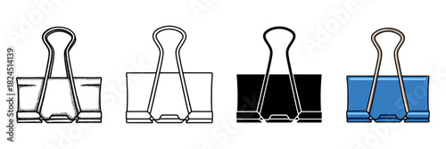 Four metal binder clips illustrated in various styles including hand-drawn sketch, simple line art, solid silhouette, and a blue cartoon version