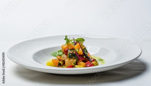 Artfully Plated Vibrant Fresh Squash Peppers Tomatoes and Herbs in Gourmet Healthy Vegetable Dish on White Porcelain Bowl Shallow Depth of Field