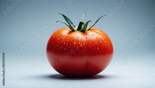 Closeup of Vibrant Ripe Red Tomato Dripping with Fresh Water Droplets and Lush Green Stem on Gradient Blue Background for Gourmet Culinary Display
