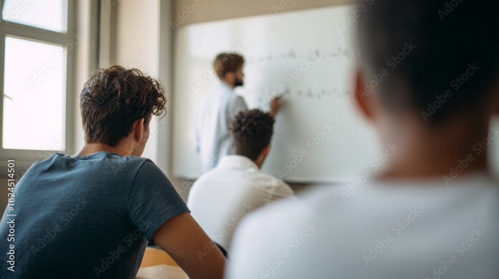 Fototapeta premium Students in classroom learning from teacher writing on whiteboard, focusing on education and knowledge acquisition