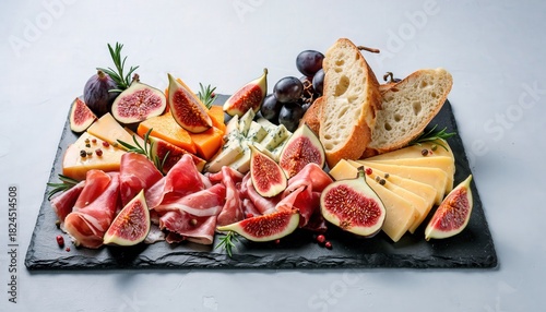 Gourmet Cheese Board with Artisanal Cheeses Cured Meats Fresh Figs Grapes Crusty Bread Rosemary on Black Slate Platter