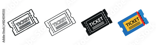 Set of four ticket stub icons presented in various design styles, from a hand-drawn sketch and simple outline to a solid black glyph and a colorful flat vector illustration