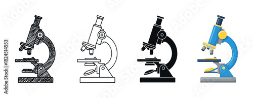 Set of four microscope illustrations showing different artistic styles, including a hand-drawn sketch, a simple outline, a black silhouette, and a colorful cartoon vector graphic