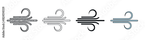 Set of four wind icons presented in various graphic styles, including a hand-drawn sketch, a simple outline, a solid black silhouette, and a colored version for weather concepts