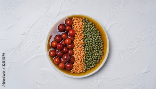 High Angle Shot of Artfully Arranged Gourmet Bowl Featuring Vibrant Red Cherries Orange Lentils Green Peas White Background Shallow Depth of Field
