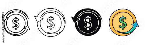 Set of financial icons for cashback or money refund concepts, presented in four different styles including thin line art, solid glyph, sketch, and colorful flat design