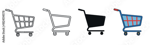 Set of four shopping cart icons in different graphic styles including sketch, outline, silhouette, and flat color, representing e-commerce and retail concepts