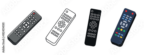 Set of four television remote control illustrations in various styles including cartoon, line art, silhouette, and flat color vector for multimedia and entertainment concepts
