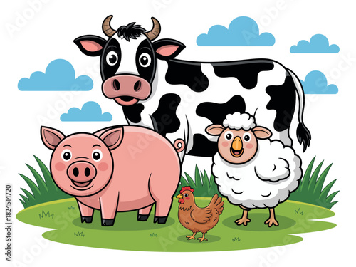 A cheerful cow, pig, sheep, and chicken stand together on a grassy farm field.