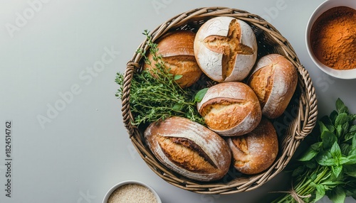 Overhead View Wicker Basket Filled Golden Artisan Bread Loaves Fresh Green Herbs Vibrant Spices Coarse Salt Rustic Wooden Surface