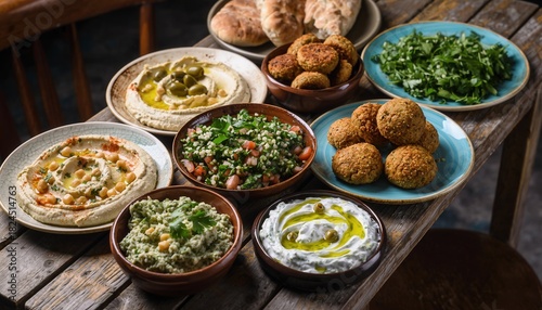 Rustic Wooden Table Laden with Vibrant Fresh Mediterranean Mezze Platters Hummus Falafel Salads Pita Bread Warm Light Natural Textures