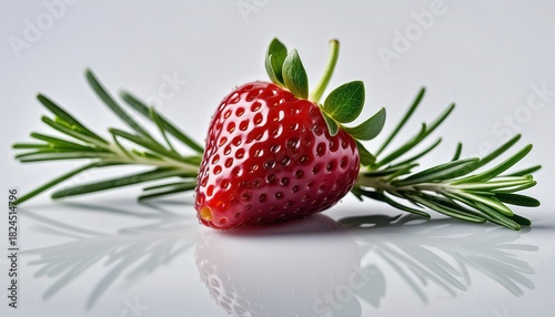 Stunning Closeup of Lush Ripe Red Strawberry Surrounded by Aromatic Fresh Rosemary Sprigs on Glossy White Surface with Mirror Reflection